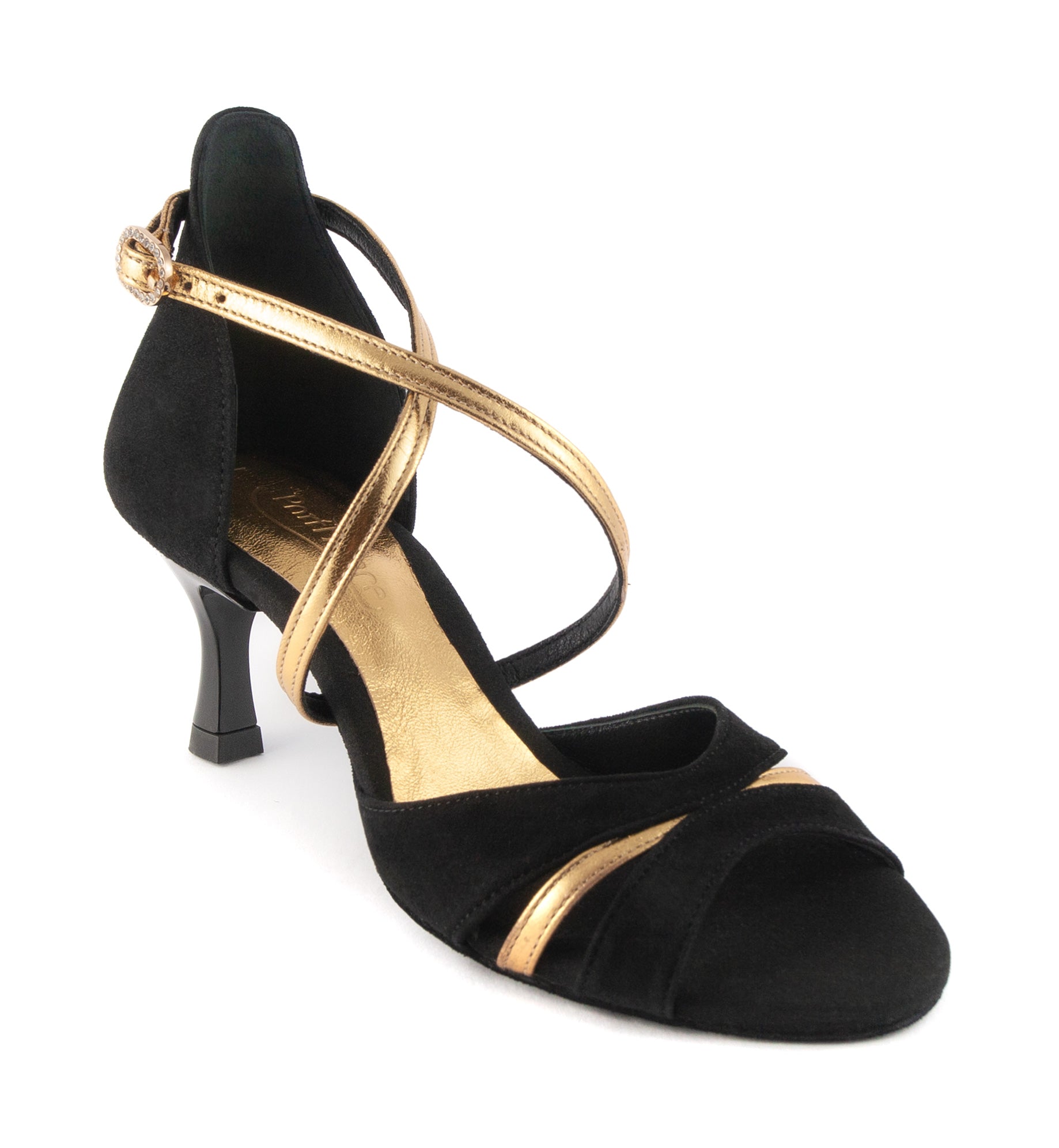 Portdance PD816 Tanzschuhe aus schwarz/goldenem Leder mit Riemchenabsatz und Knöchelriemenschnalle.